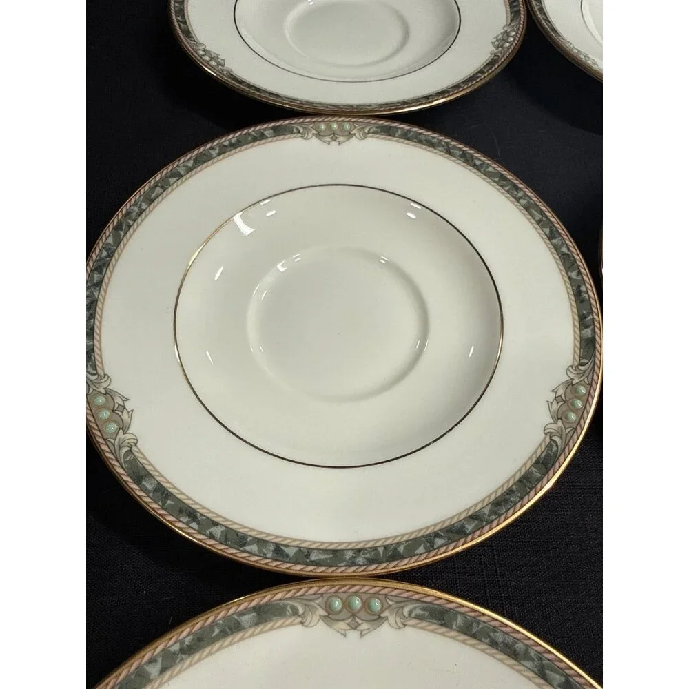 Set Of 6 Noritake Bone China Covina 9791 Saucers With Gold & Green Trim Vintage - Picture 2 of 13